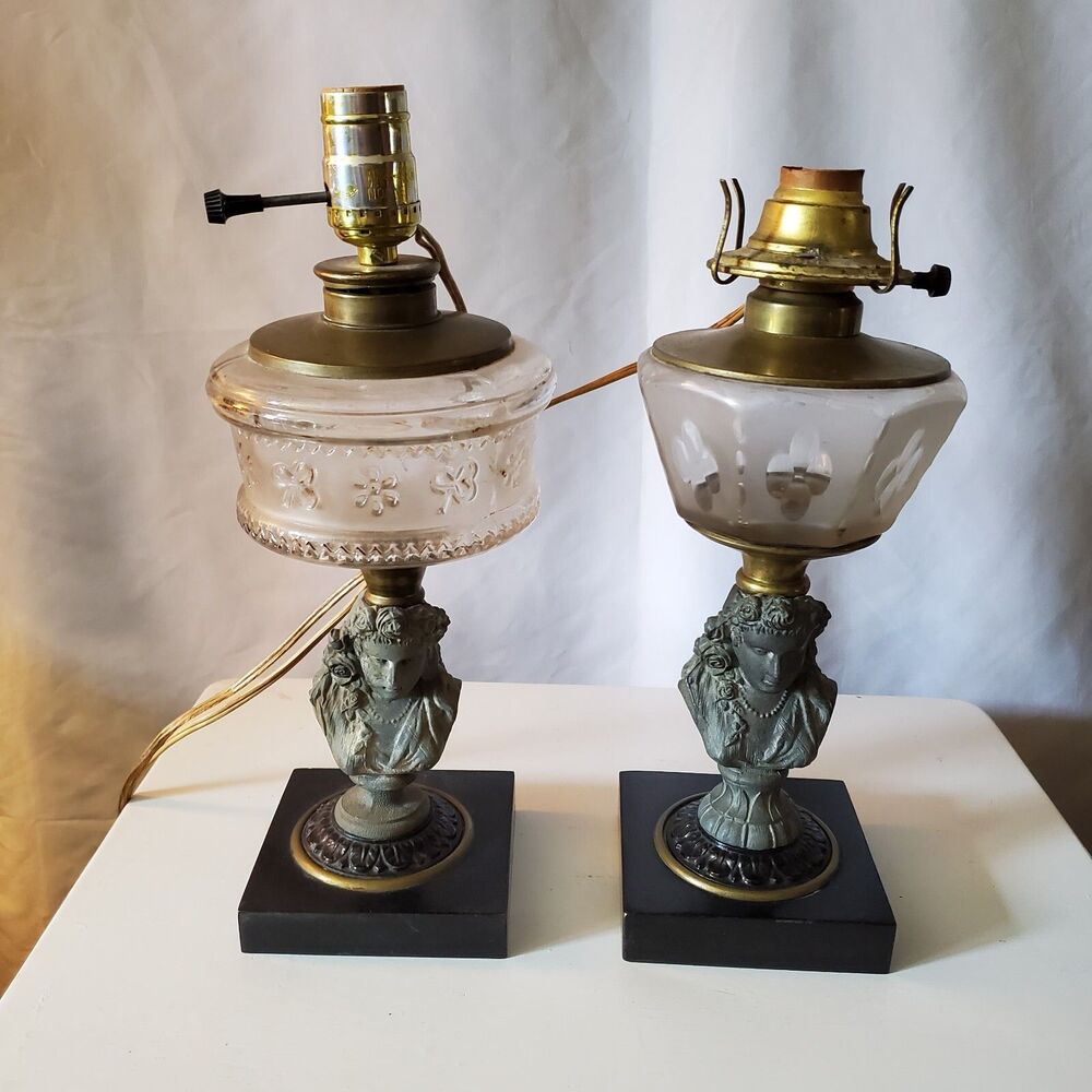 2 Antique Oil Electric Lamps Female Bust Spelter Metal Black & Brass Base Glass